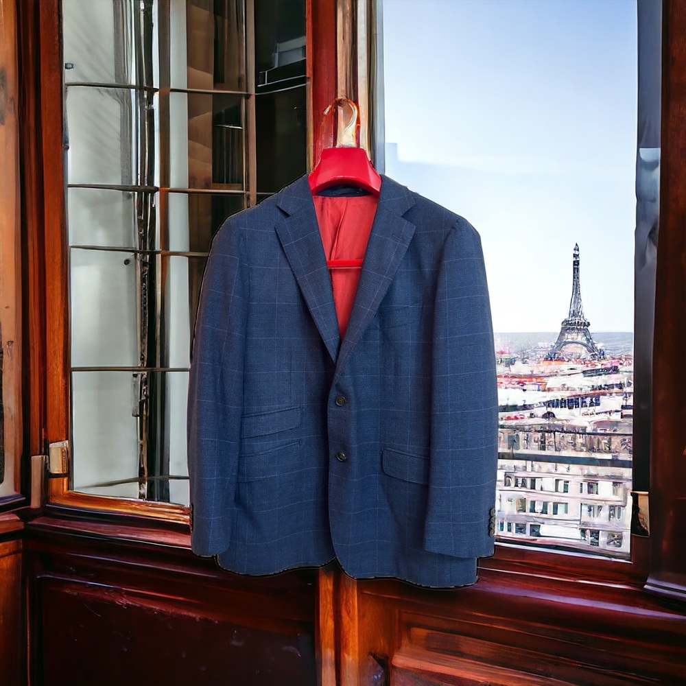 Suit Supply blue plaid wool and silk by Lanificio Carlo Barbera blazer size 46S.